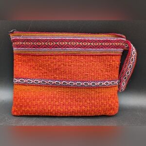 Dormeuil Orange Red Woven Wool Braided Trim Lined Zipper Project Makeup Pouch